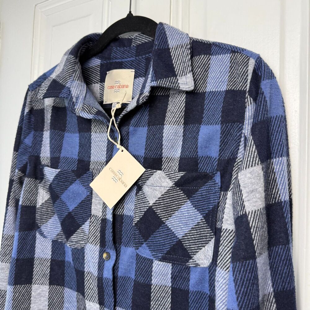 Casa Cabana Flannel Womens Small Blue Plaid Button Up Long Sleeve Collared NWT - Picture 2 of 7